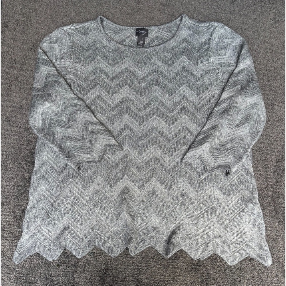 Chico's Sweater Women's 3 Gray Round Neck Long Sleeve Sheer Chevron Pullover - Picture 1 of 8